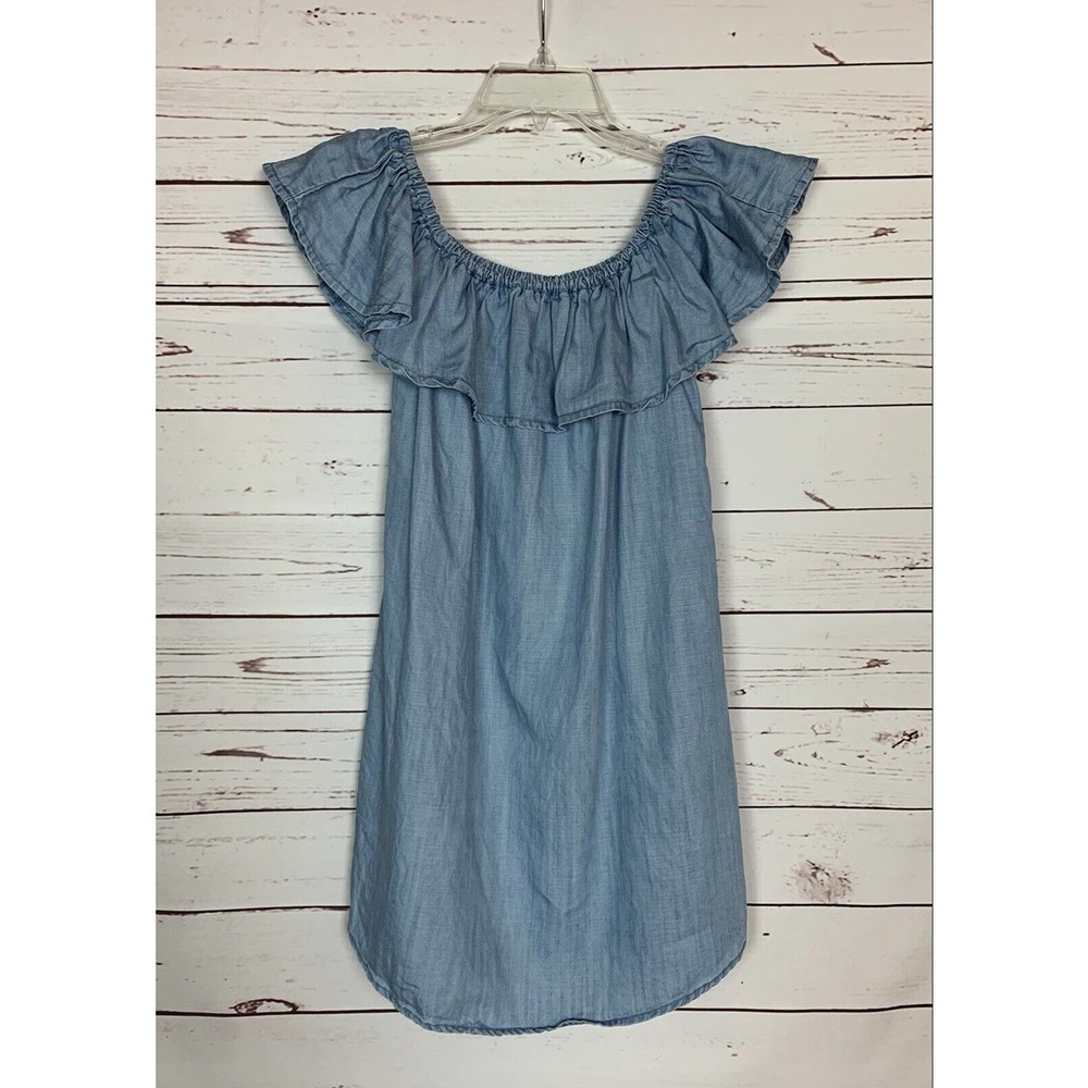Lulus Women's XS Extra Small Blue Chambray Denim Short Sleeve Ruffle Tunic Top